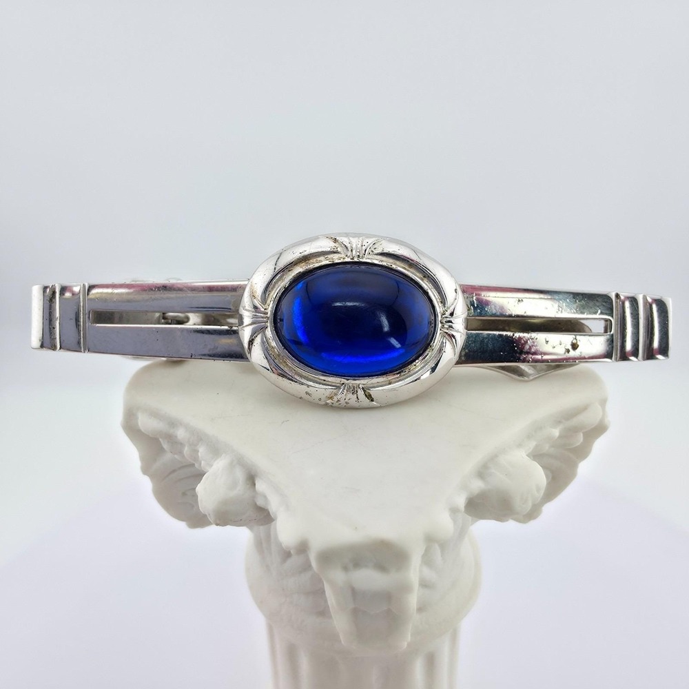Vintage 75 Yr Old ANSON Tie Clip Tie Bar Tie Clasp Blue Cabochon Silver Tone